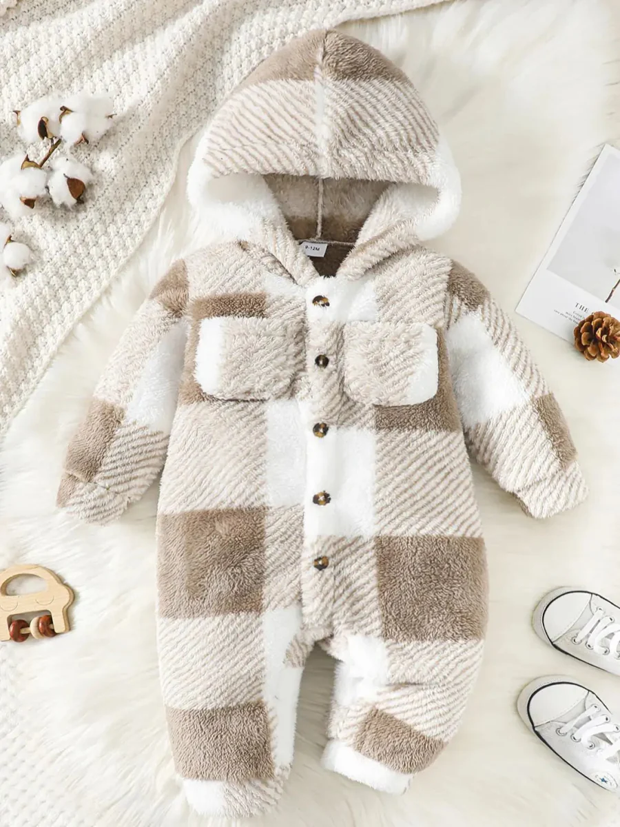 Baby Plaid Fluffy Fleece Long-sleeve Romper - Image 7