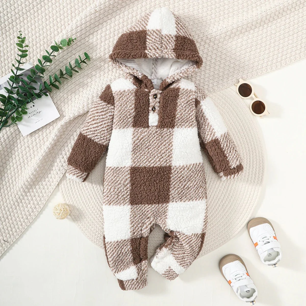 Baby Plaid Fluffy Fleece Long-sleeve Romper - Image 9